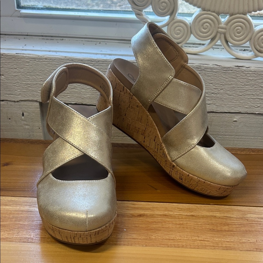 Corkys Metallic Gold Crisscross Cork Wedge Sandals